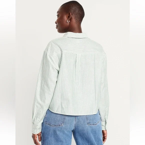 NWT Old Navy Cropped Button-Down White and Green Striped Shirt | Women’s XXL - Picture 15 of 16